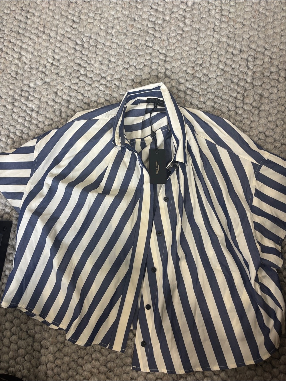 Rag & Bone Martha Striped Short-Sleeve poplin button-Up— Navy & Cream. small NWT
